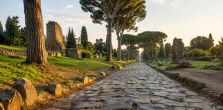 Via Appia Antica a piedi: itinerario, cosa vedere e consigli Via Appia Antica con basoli romani e pini