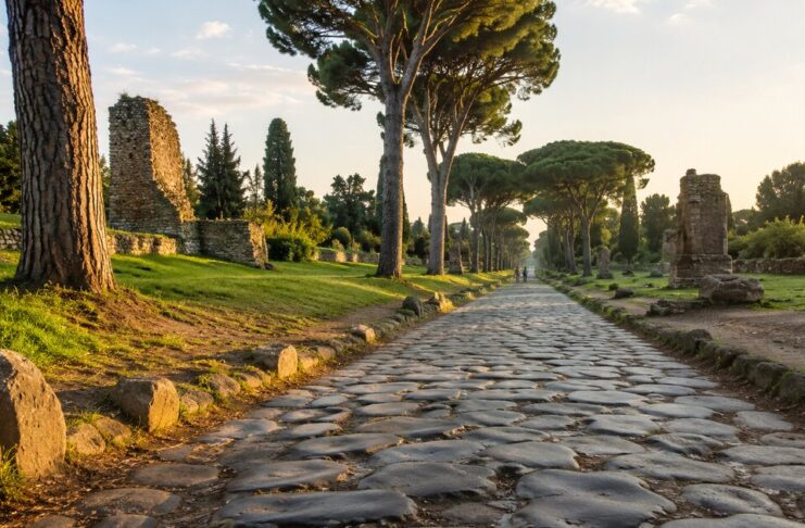 Via Appia Antica a piedi: itinerario, cosa vedere e consigli Via Appia Antica con basoli romani e pini