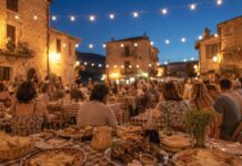 Weekend 8-9 agosto a Roma: eventi gratis, musica e sagre fuori porta Sagra estiva in una piazza di un borgo del Lazio con tavolate all'aperto